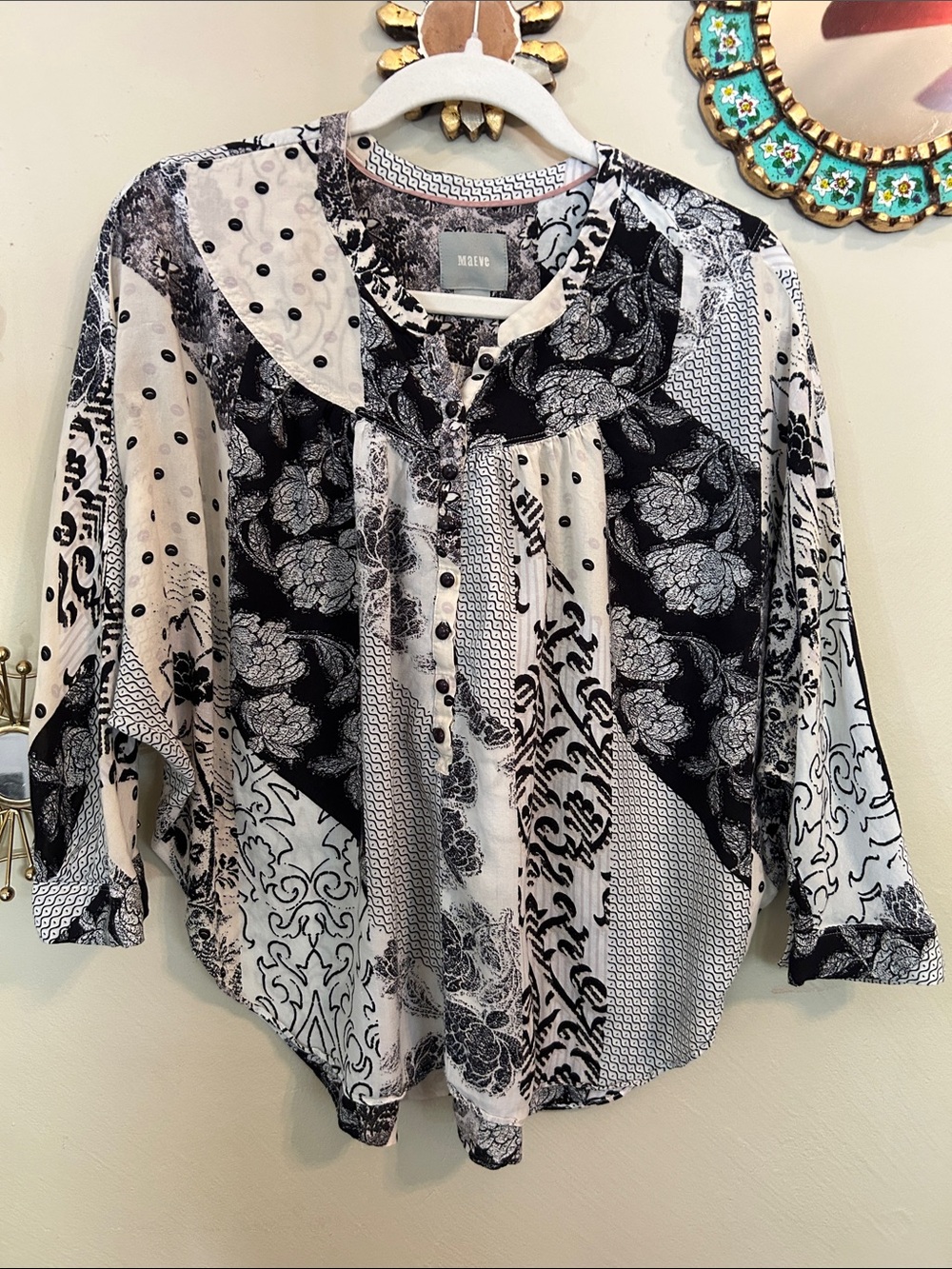Maeve Linden Patchwork Print Dolman Blouse Black Ivory Size XS